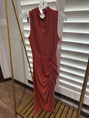 Sleeveless Stud-Detail Midi Dress in Rust
